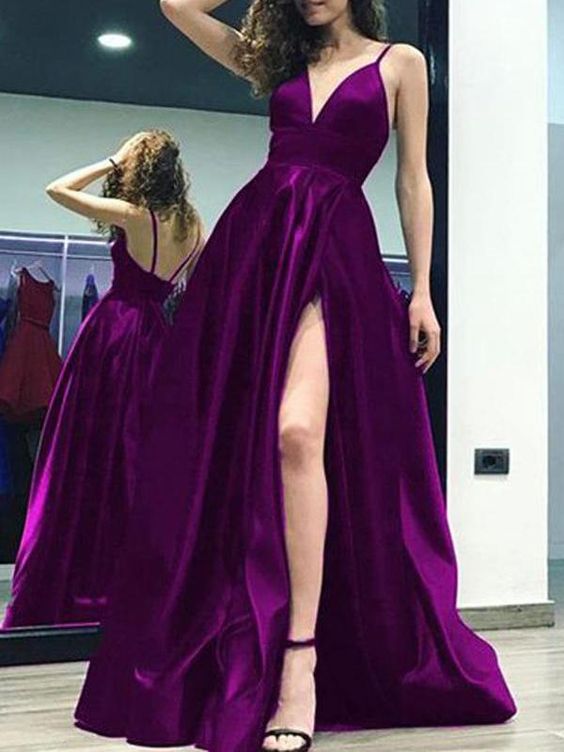 Sexy Side Slit Backless Spaghetti Straps A-line Long Evening Prom Dresses