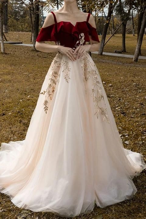 Vintage Red Straps Tulle Formal Dress, Elegant Applique Prom Dress