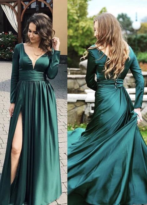 Emerald Green Prom Dresses Long Sleeves Simple Evening Dress