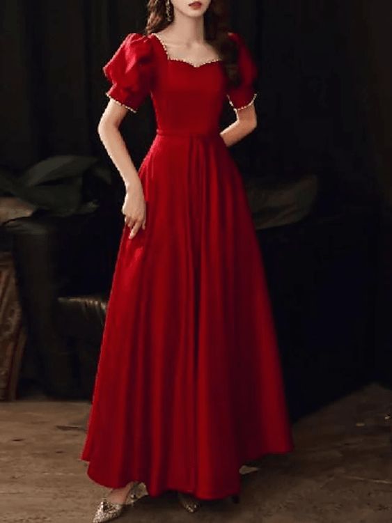 A-Line Elegant Vintage Engagement Formal Evening Dress Scoop Neck Short Sleeve Floor Length Satin with Pleats Pearls