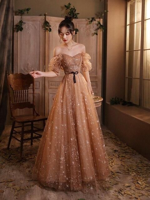 Elegant Champagne Evening Dresses Female Lanturn Sleeves Bow Lace Up Long French Style Ball Gowns