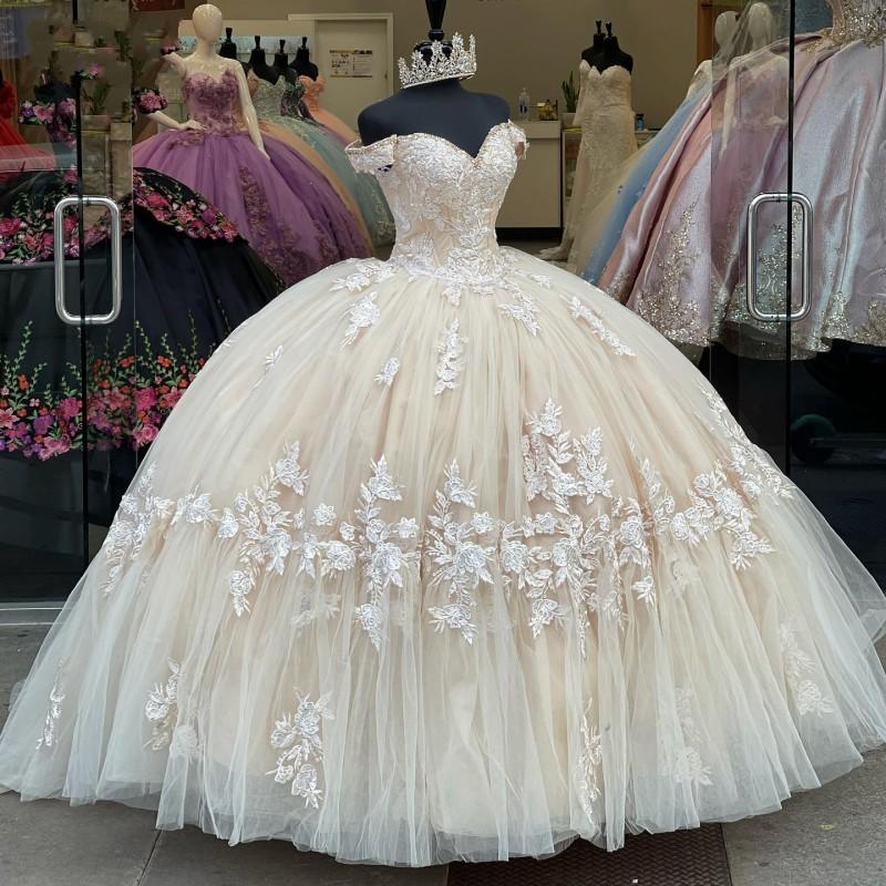 Long Champagne Lace Appliques Quinceanera Dress for 15 Year Ball Gowns Off The Shoulder Ball Gown Debutante Gowns Dresses