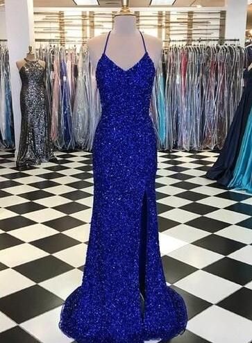 Chic Royal Blue Spaghetti Straps Backless Long Sheath Prom Dresses
