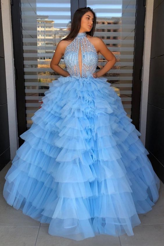 Princess Blue Tulle Long Prom Dresses with Top Beading