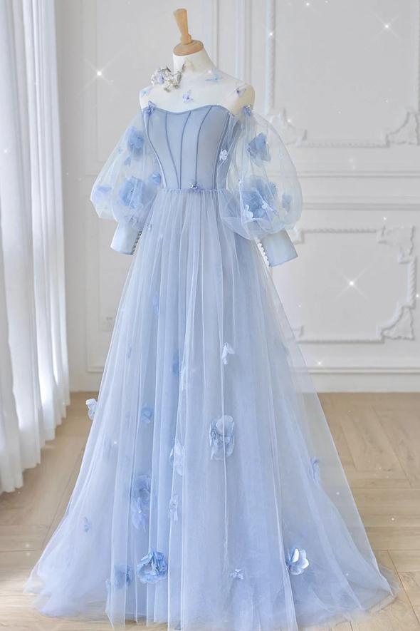 Blue tulle long sleeve prom dress blue evening dress