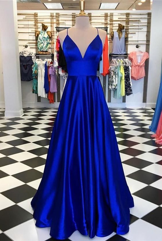 A Line V Neck Royal Blue Prom Dress, Long Satin Evening Party Dress