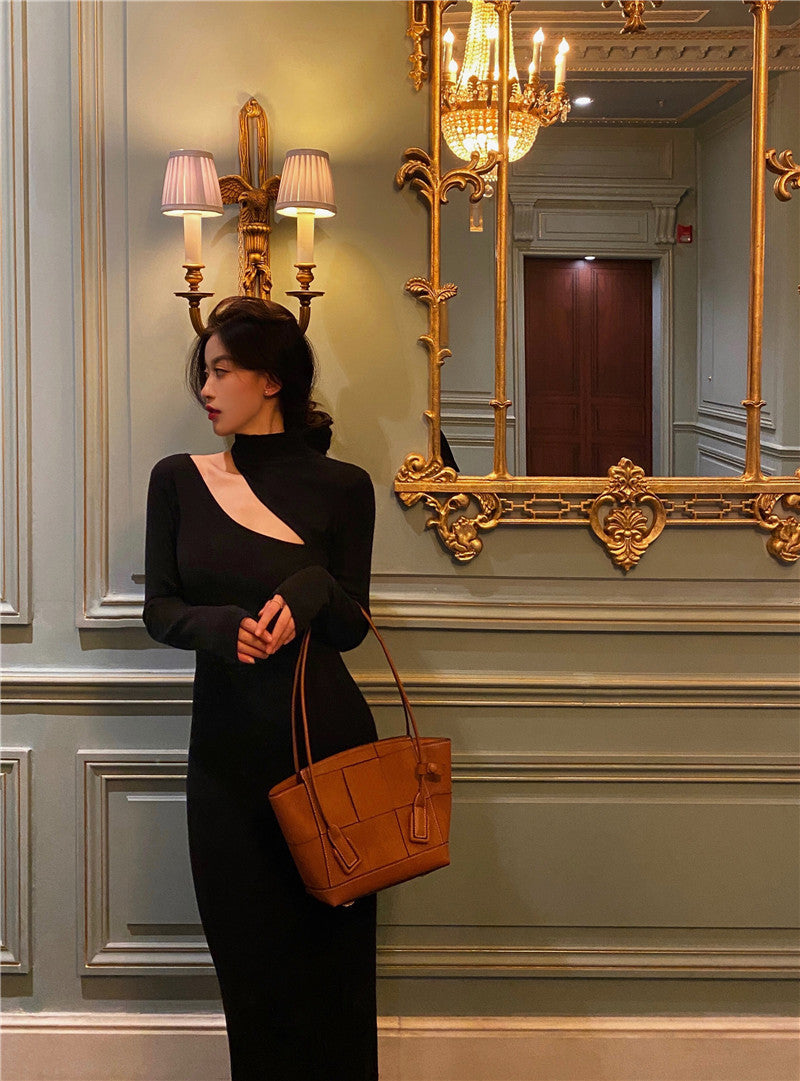 Black Sexy Off Shoulder Dress Women Vintage Elegant Highneck All Match Long Sleeve Bodycon Dresses Femme Party Dress Black Prom Dress