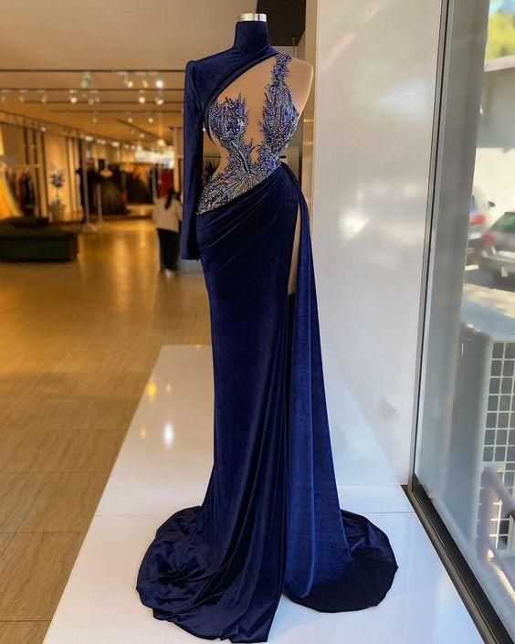 High Neck Velvet Prom Dress, Unique prom dress