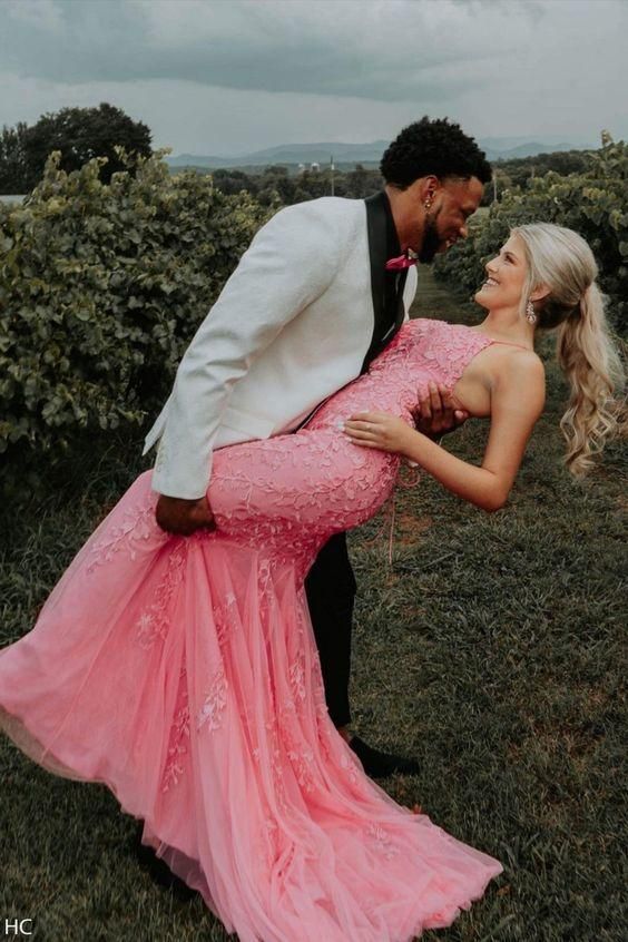 Watermelon Lace Mermaid Long Prom Dress