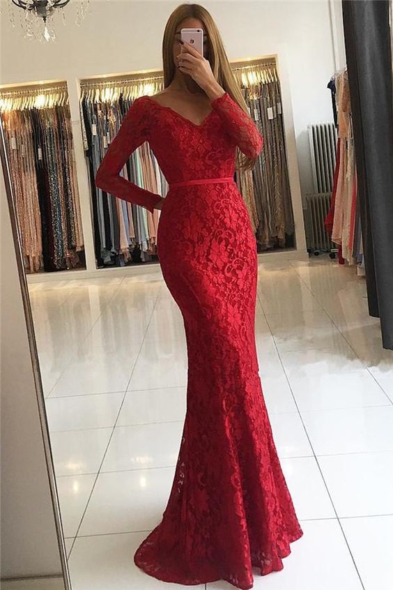 Chic Vneck Open Back Scarlet Lace Evening Dresses Elegant Long Sleeves Prom Dress