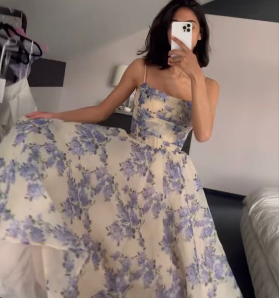 Tea-Length Party Dresses Spaghetti Straps Flower Print Prom Dress