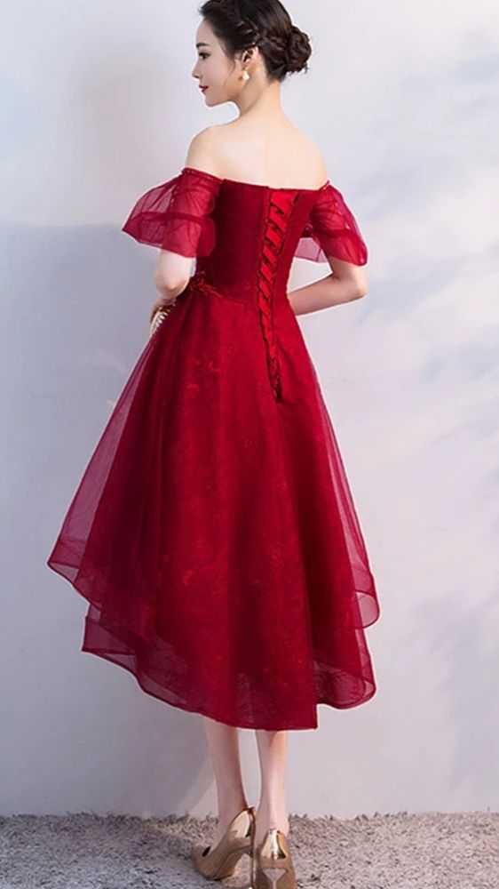 Burgundy tulle short prom dress, hi-low homecoming dress