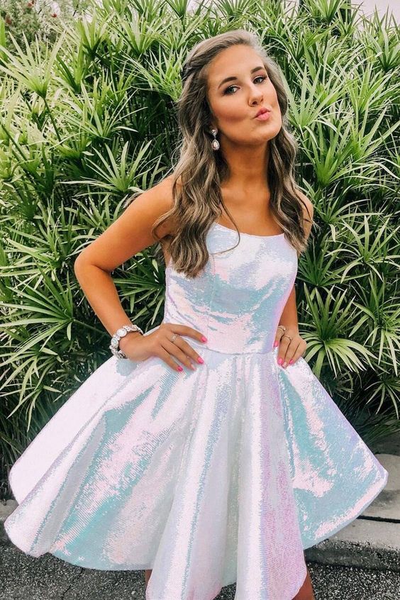 Sparkle White A-Line Homecoming Dresses,Spaghetti Straps Graduation Dress