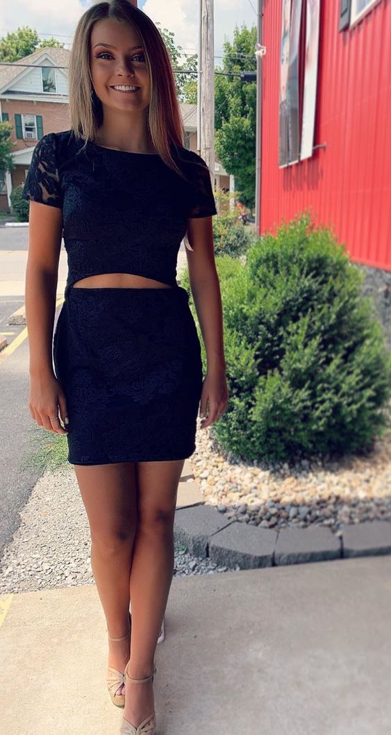navy short homecoming dresses, fashion cut out short party dresses, short sleeves homecoming dresses for teens