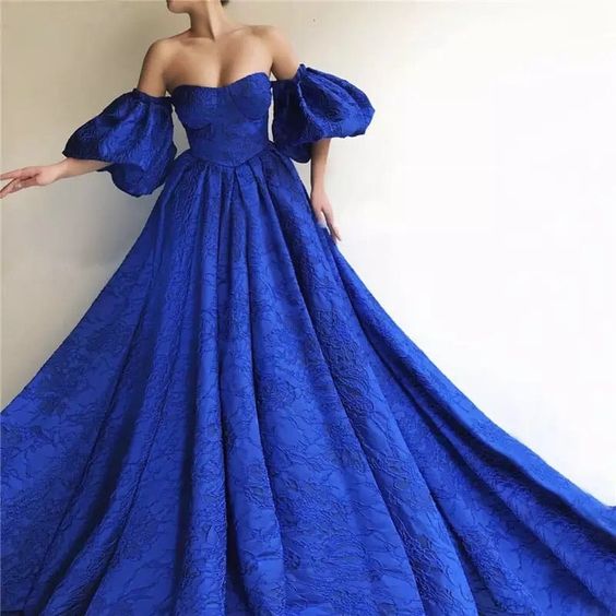 Blue Puff Half Sleeves Evening Dress Lace Prom Dress