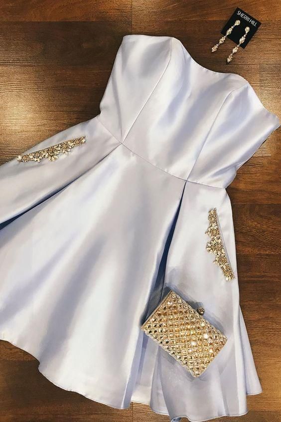 A Line Strapless Light Blue Short Homecoming Dress With Pockets Beading