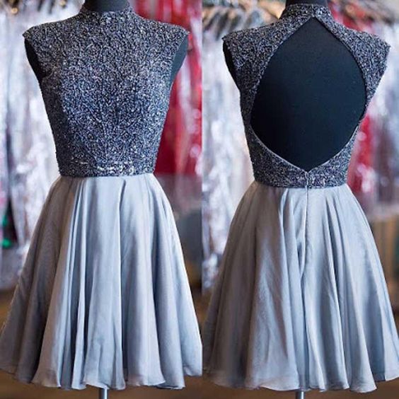 Grey beads sparkly high neck open back vintage elegant homecoming dress