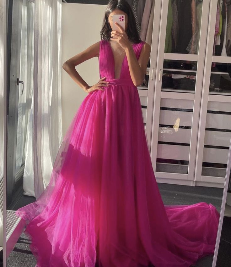 Pink tulle long prom dress pink evening dress