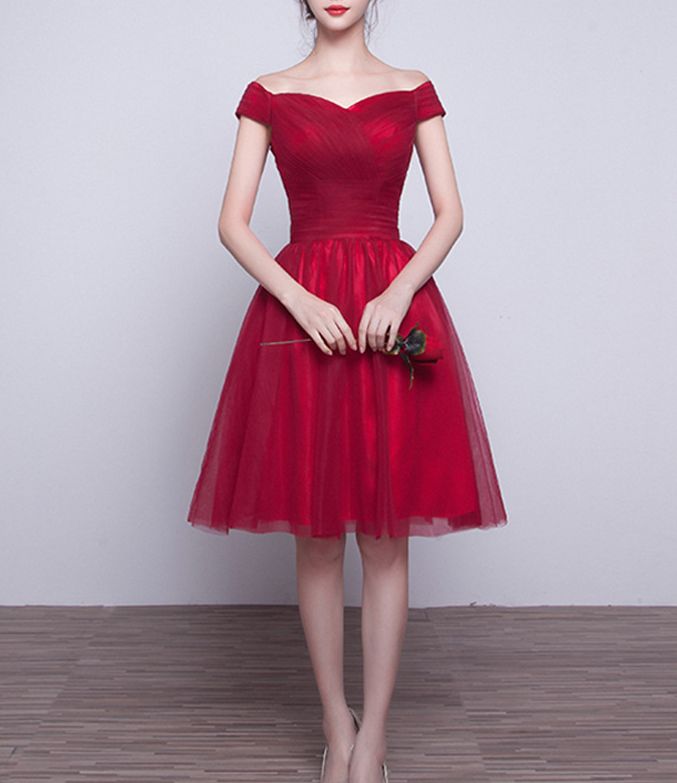 Cute red tulle V-neck short prom dress,homecoming dress