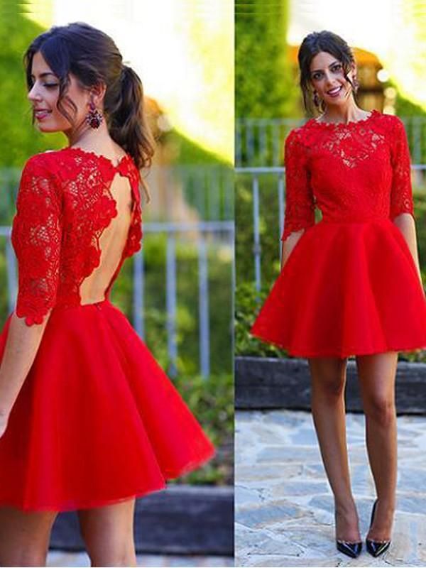 A-Line Princess Scoop 1/2 Sleeves Lace Short Homecoming Dresses