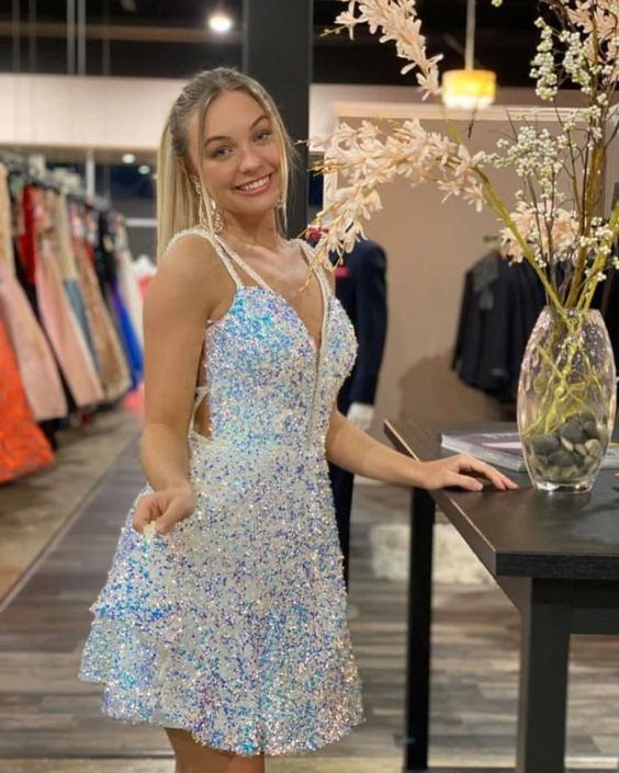 A-line White and Blue Sequined Party Dress