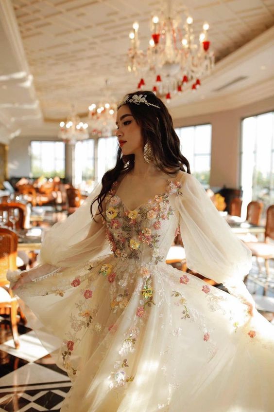 Princess Ball Gown Tulle Long Evening Prom Dress Puffy Sleeves Fairy Prom Dress