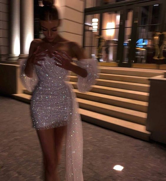 Sweetheart Sparkly Night Party Dress With Pufft Sleeves Short Homecoming Dress