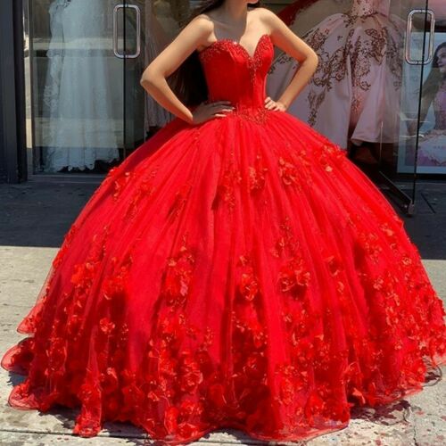 Red Quinceanera Dresses 3D Flowers Princess Corset Back Princess Prom Sweet 16