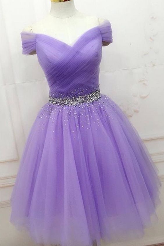 Lovely Light Purple Beaded Short Party Dress, Off Shoulder Homecoming Dress