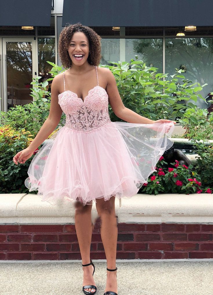 Pink Spaghetti Straps Sweetheart A Line Organza Pleated Lace Sexy Homecoming Dresses