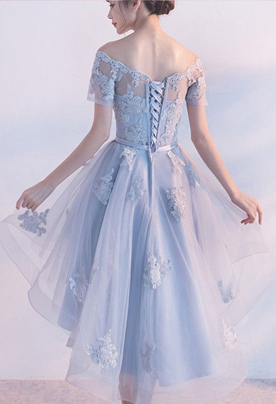 Light Blue High Low Elegant Prom Dress Lace Appliques Beaded Off Shoulder Short Sleeve Back Design Lace-up Short Homecoming Dresses