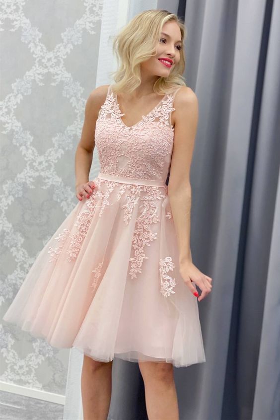 A-line Pink Short Homecoming Dress with Lace Appliques