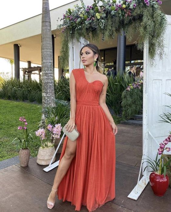 Orange Flowy One-Shoulder Gown Classic Prom Dress