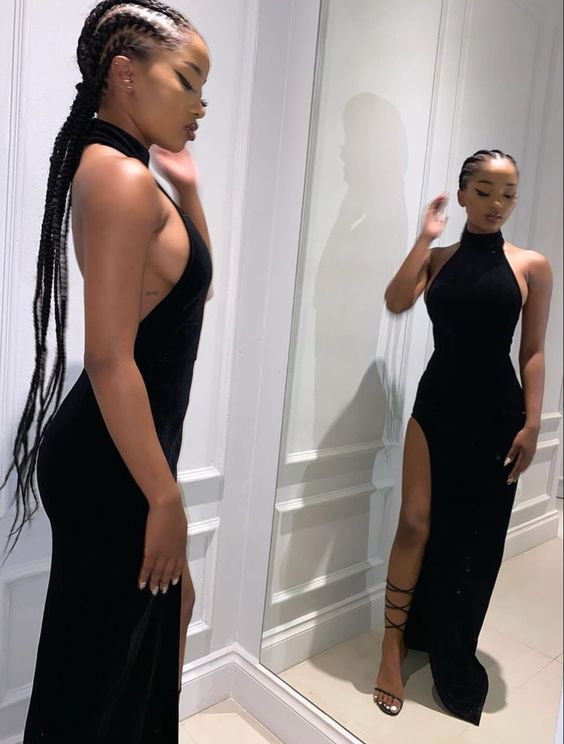 Halter Neck Black Prom Dress Backlesss Evening Dress Leg Hight Split