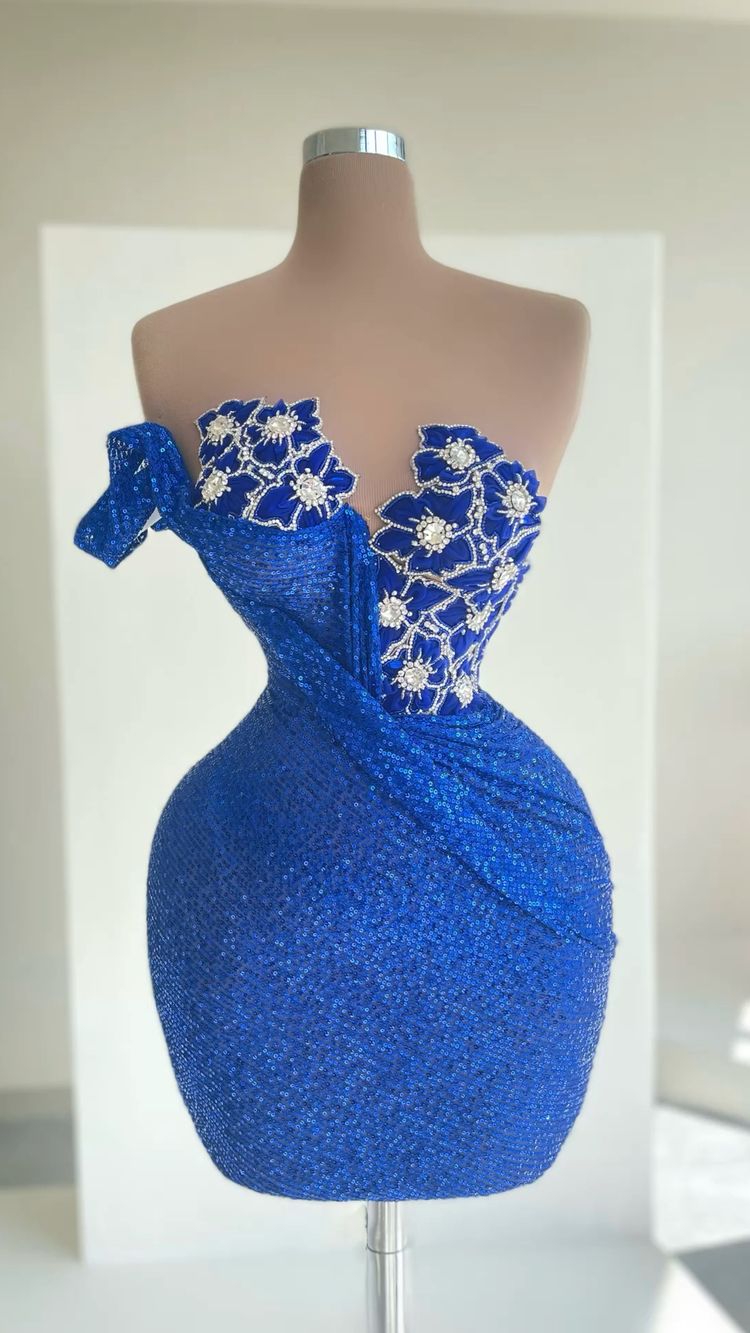 New Arrival Royal Blue Sequins Homecoming Dress Flowers floral pattern