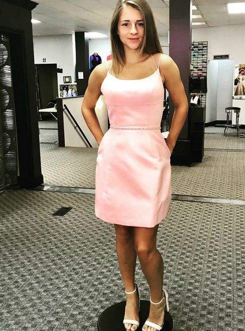 Pink Satin Double Straps Beading Waist Homecoming Dress With Pocket