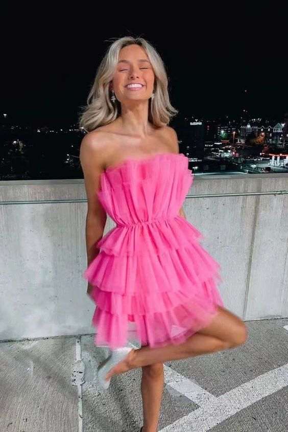 Hot Pink Strapless Tiered Short Homecoming Dress, Tulle Back to School Dress