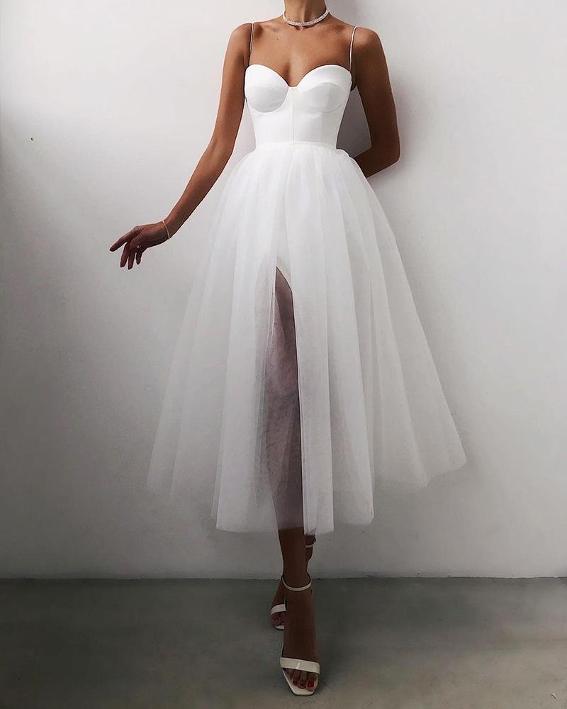 Spaghetti Strap Plain Sheer Evening Dress Simple Tulle Party Dress