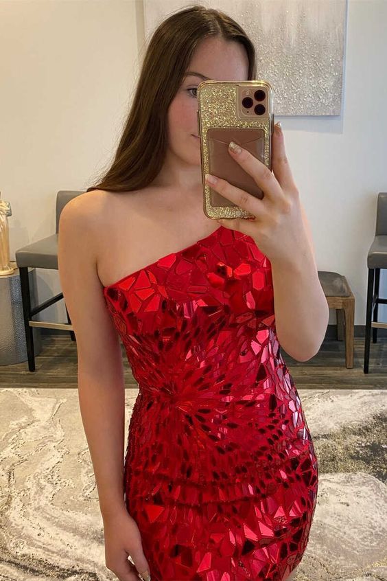 One-Shoulder Red Cut Glass Mirror Fitted Mini Homecoming Dress Short Prom Dress