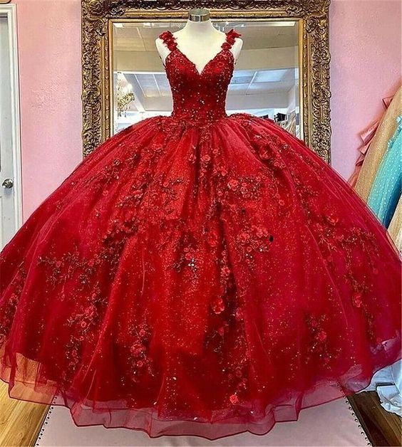 Red Quinceanera Dresses 3D Flowers Appliques Top Beaded Ball Gown Sweet 16 Dress