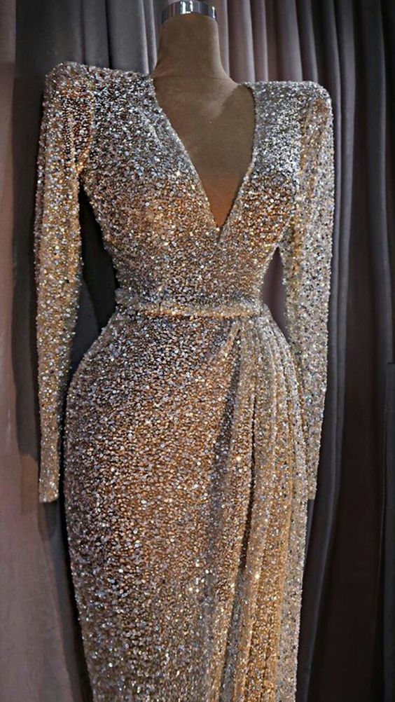 V Neck Sequins Prom Dress Vintage Party Dress