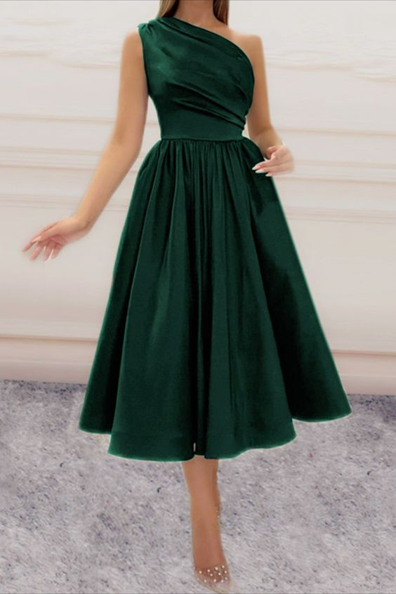 Green Satin Tea Length Formal Bridesmaid Dresses One Shoulder Party Dress For Bridal Party