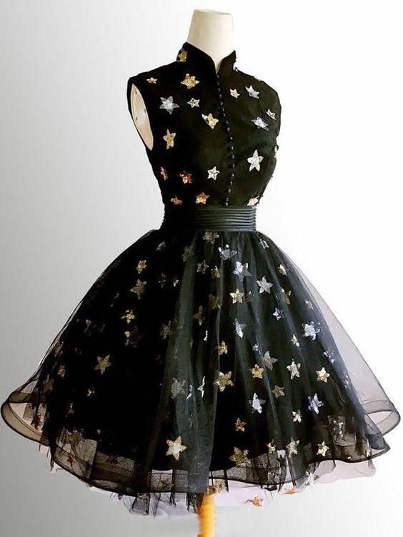 Chic A-line High Neck Homecoming Dresses Black Short Dress Cute Homecoming Dress