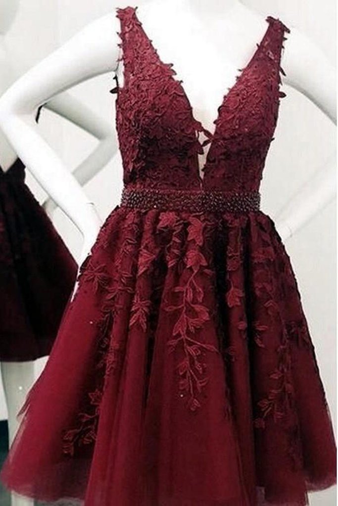 Cute Red Lace Appliques Homecoming Dresses V Neck Tulle Above Knee Short Prom Dress