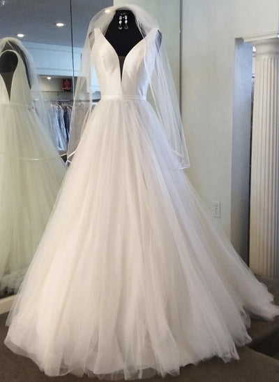 White Tulle Satin A Line V Neck Long Formal Dress Simple Prom Dress