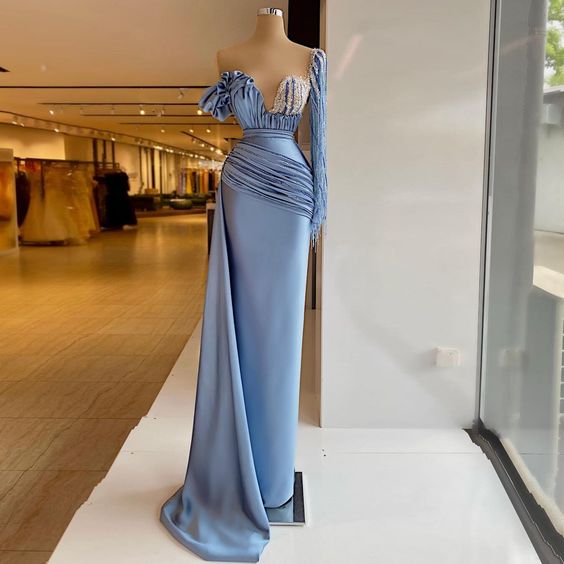 Elegant Satin Luxury Evening Dresses One Shoulder Long Sleeve Sequins Women Prom Party Pageant Gowns Plus Size Custom Made