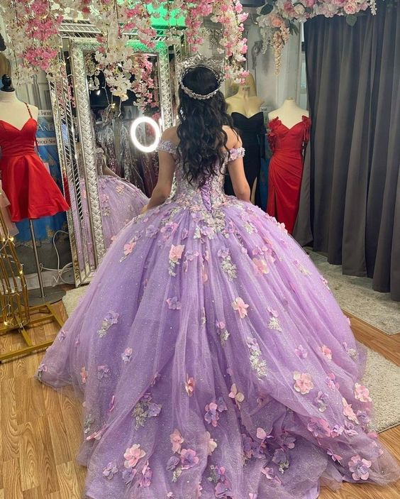 Lilac Quinceanera Dress With Flowers Ball Gown Sweet 16 Dress Elegant Tulle Ball Gown 3D Flowers Princess Evening Dress 15 Lovely