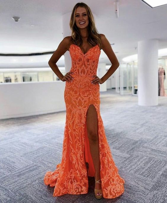 Beautiful Sheer V Neck Orange Prom Dress Lace Applique Orange Evening Dress