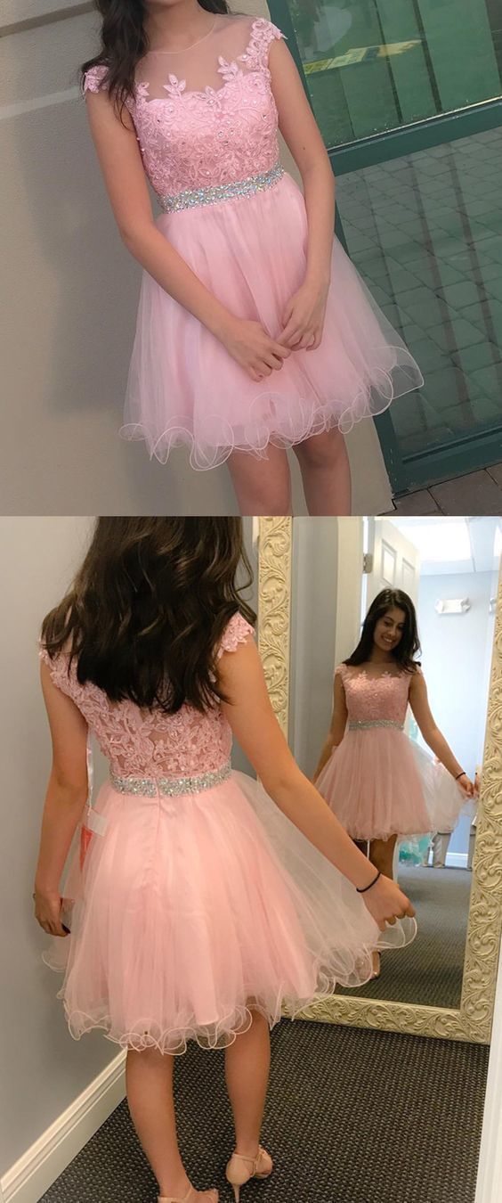 A-Line Illusion Bateau Cap Sleeves Pink Homecoming Dress with Beading