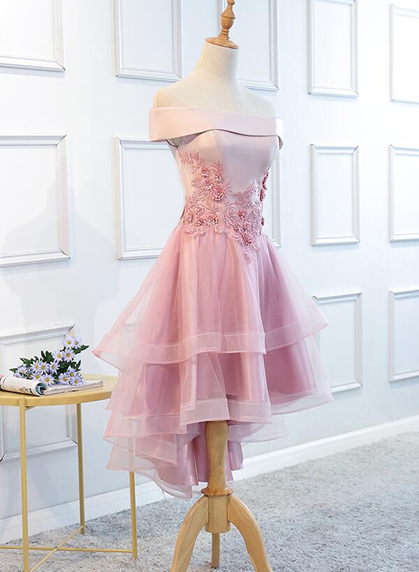 Lovely Off Shoulder Tulle Pink Layers Homecoming Dress, High Low Party Dress